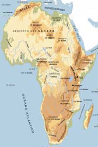 Mapa físico de África con las cadenas montañosas del continente