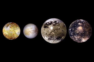 Los denominados satélites galileanos: Ganímedes, Calisto, Io y Europa